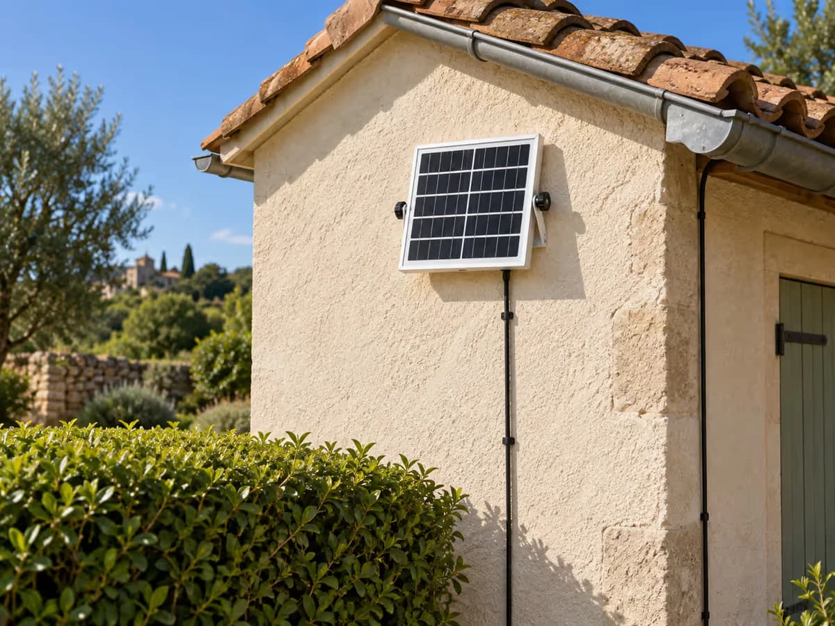 Panneau solaire d'une lampe suspendue fixé sur un pignon dégagé, câble plaqué le long du mur