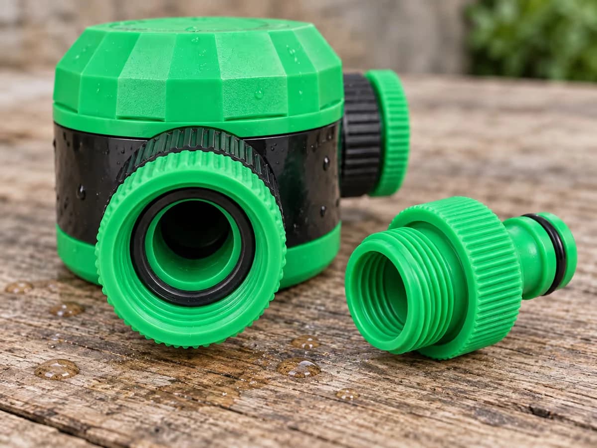 Entrée femelle 3/4 pouce d'un boîtier plastique vue de face, joint torique en place, adaptateur à filetage mâle posé à côté