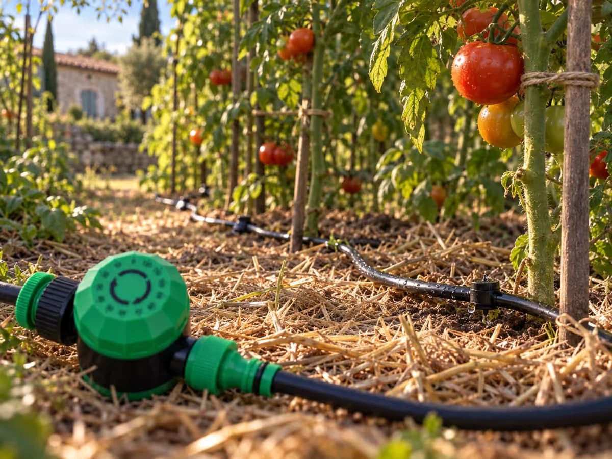 Ligne de goutte-à-goutte noire serpentant entre des pieds de tomates paillés, alimentée par un boîtier vert et noir