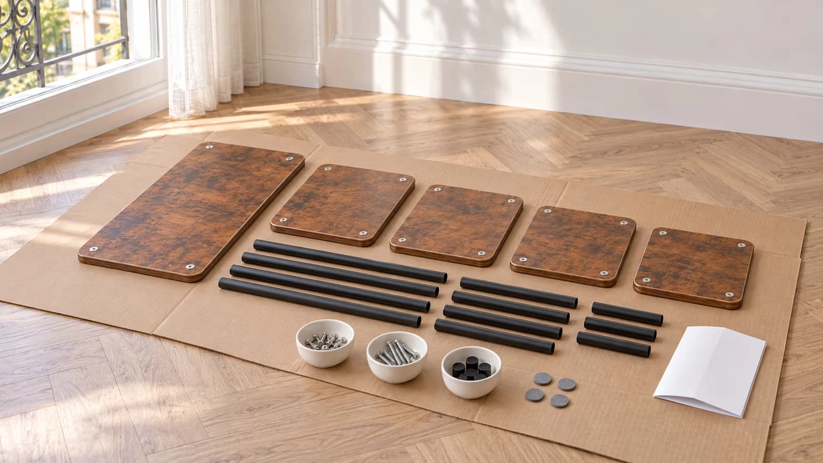 Plateaux en bois brun et montants métalliques noirs encore à plat sur un carton, visserie triée dans des coupelles à côté