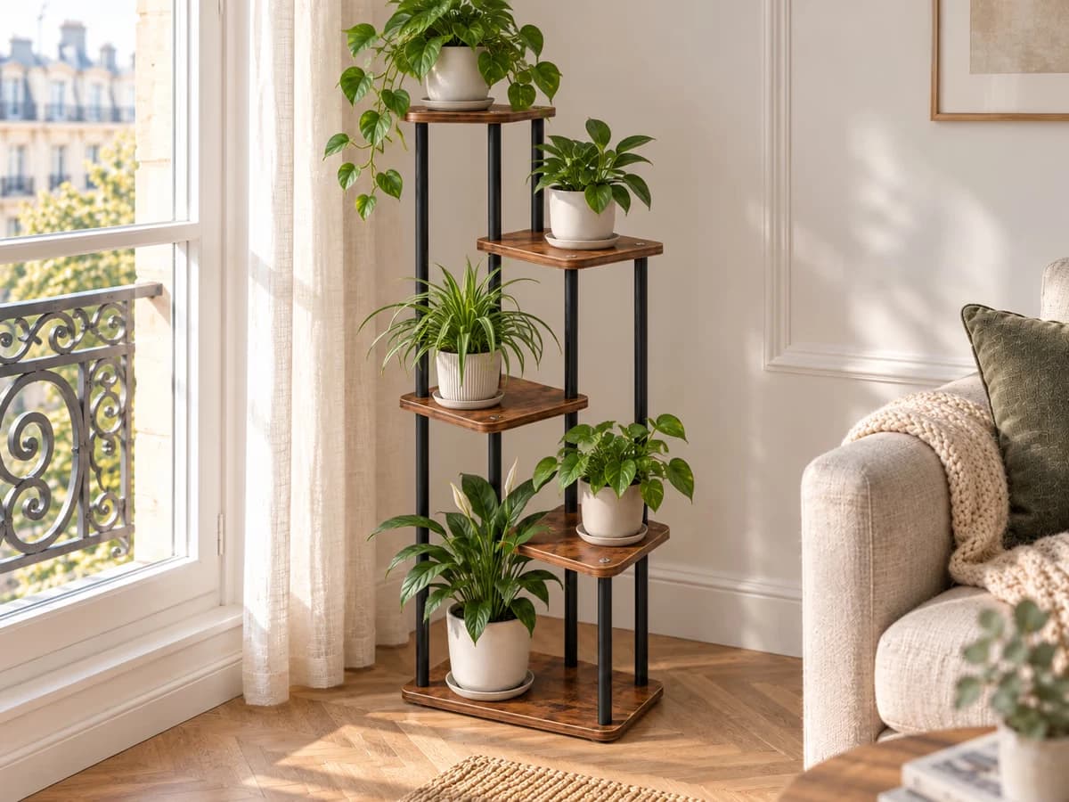 Étagère en escalier montée près d'une fenêtre, pots sur soucoupes posés sur les plateaux de bois, plus petits en haut