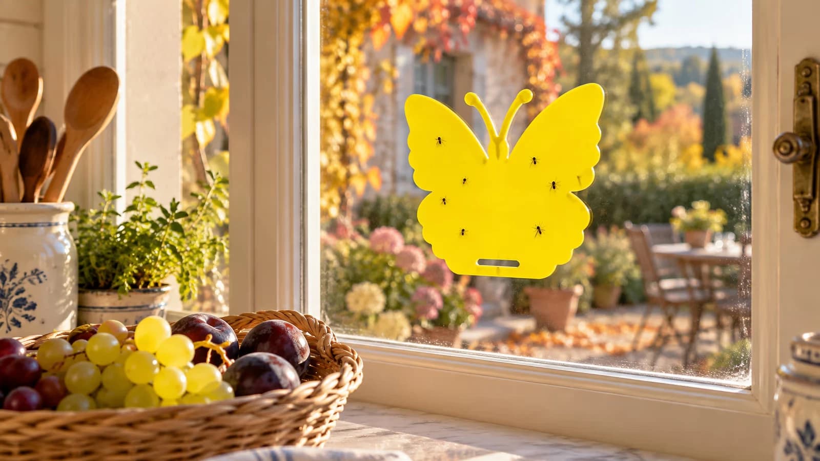 Fenêtre de cuisine baignée d'une lumière d'automne, plaque collante jaune en forme de papillon plaquée sur la vitre