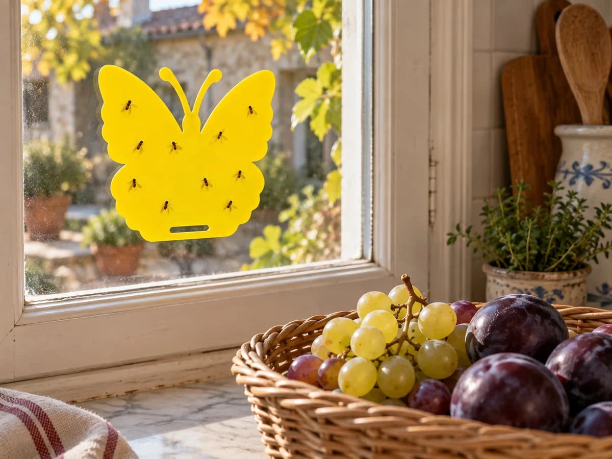 Plaque collante jaune plaquée sur la vitre d'une cuisine, au-dessus d'une corbeille de raisin et de prunes