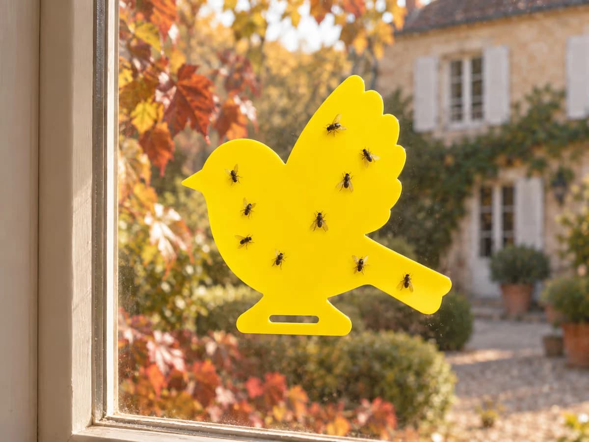 Plaque collante jaune en forme d'oiseau plaquée sur une vitre ensoleillée, feuillage roux visible à l'extérieur