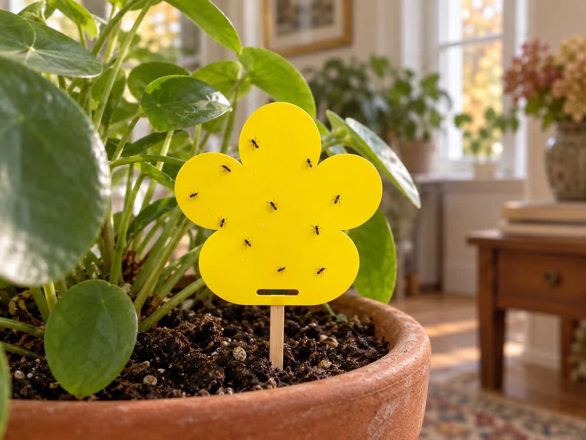 Plaque collante jaune en forme de fleur enfichée sur une tige fine au ras du terreau d'un pot de plante verte