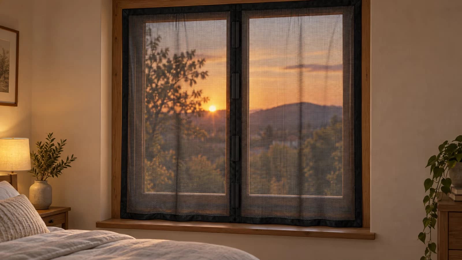 Fenêtre de chambre ouverte le soir, rideau moustiquaire noir à fermeture magnétique posé sur le cadre, maille fine traversée par la lumière