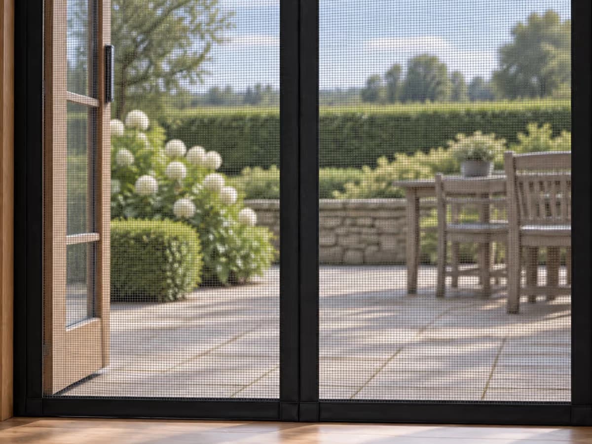 Vue depuis l'intérieur d'un salon vers une terrasse, à travers la maille noire semi-transparente d'un rideau moustiquaire fixé sur la porte-fenêtre