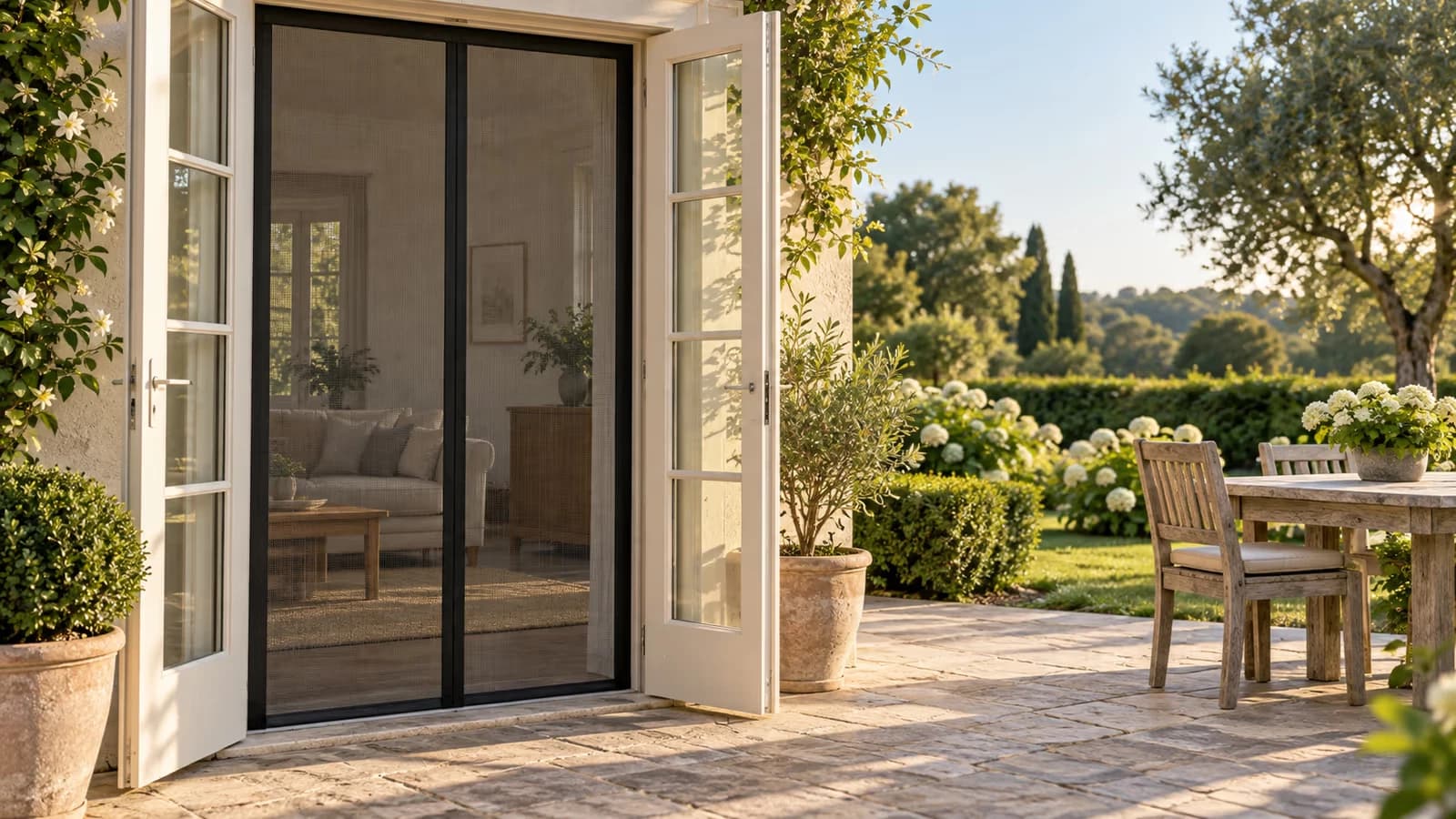 Porte-fenêtre ouverte sur une terrasse en été, rideau moustiquaire noir à deux pans posé sur l'encadrement, table de jardin au fond