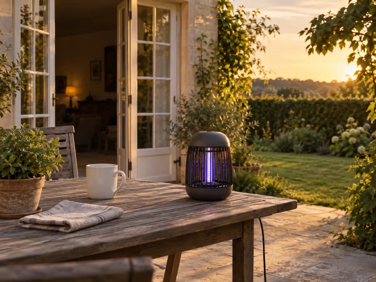 Lampe anti-moustique à ultraviolets posée sur une table de terrasse en bois, porte-fenêtre ouverte derrière, lumière de fin de journée