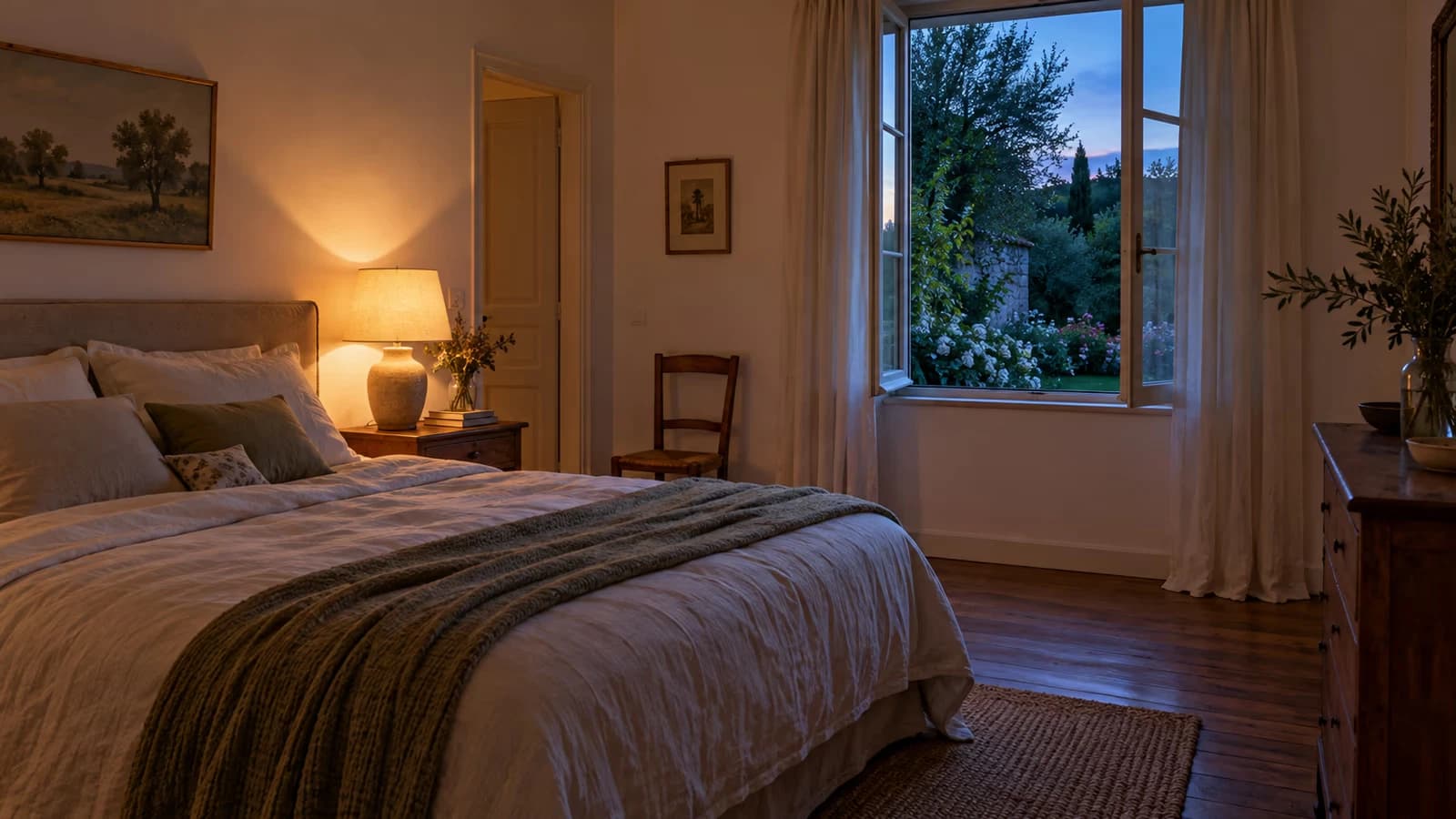 Chambre à coucher au crépuscule, lampe de chevet allumée, fenêtre entrouverte donnant sur un jardin