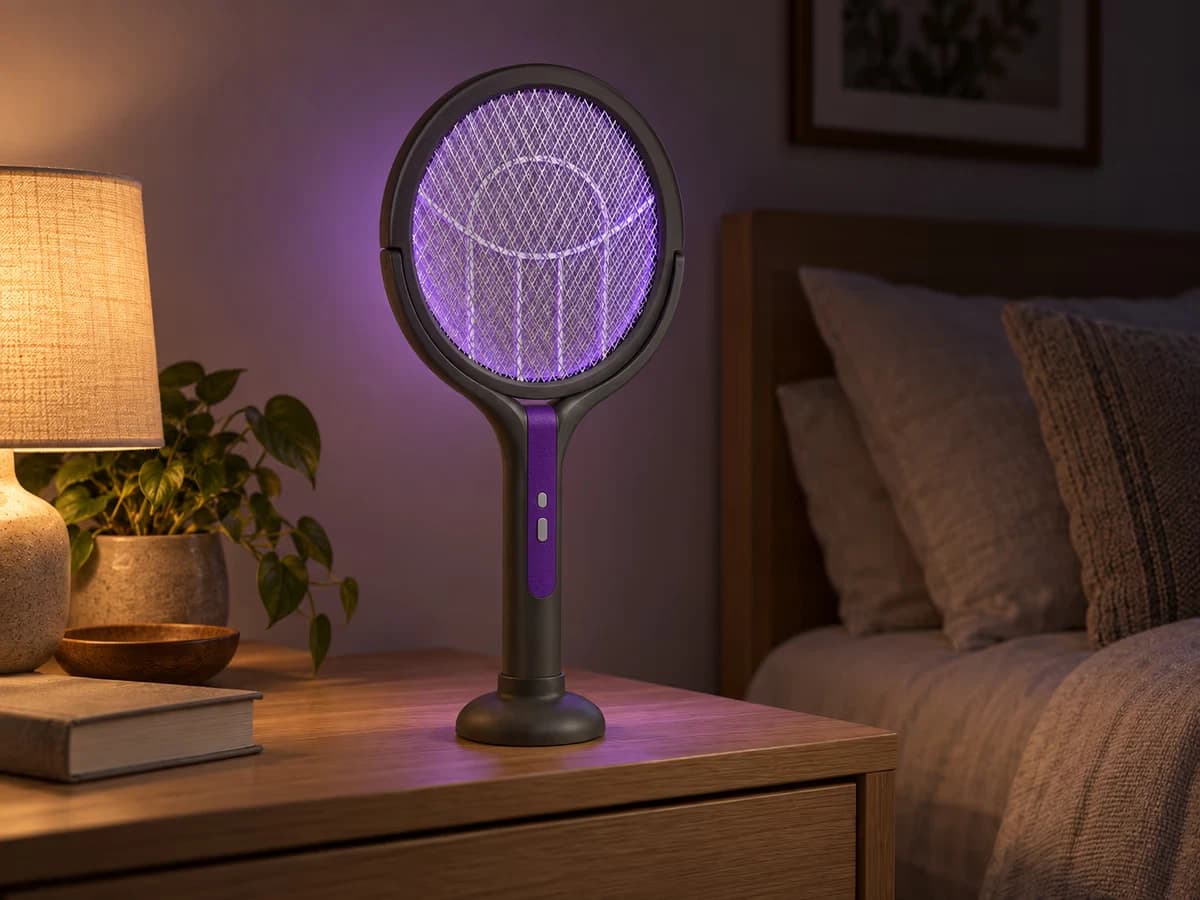 Raquette anti moustique verticale sur son socle rond posé sur une table de chevet en bois clair, lumière violette allumée dans la pénombre