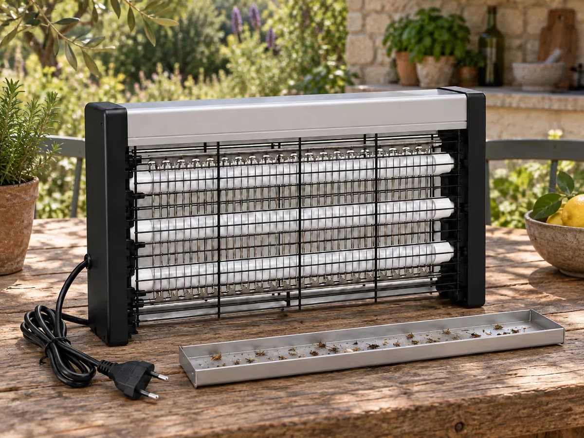 Bac inférieur amovible d'une lampe anti moustique posé sur une table en bois à côté de l'appareil débranché, débris d'insectes visibles