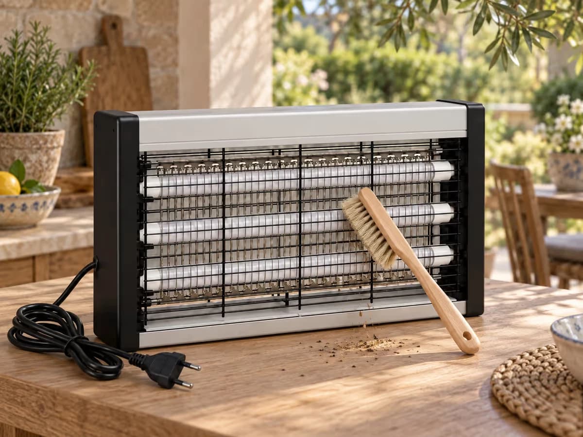 Brosse sèche passée sur la façade grillagée d'une lampe anti moustique débranchée posée sur une table de cuisine d'été