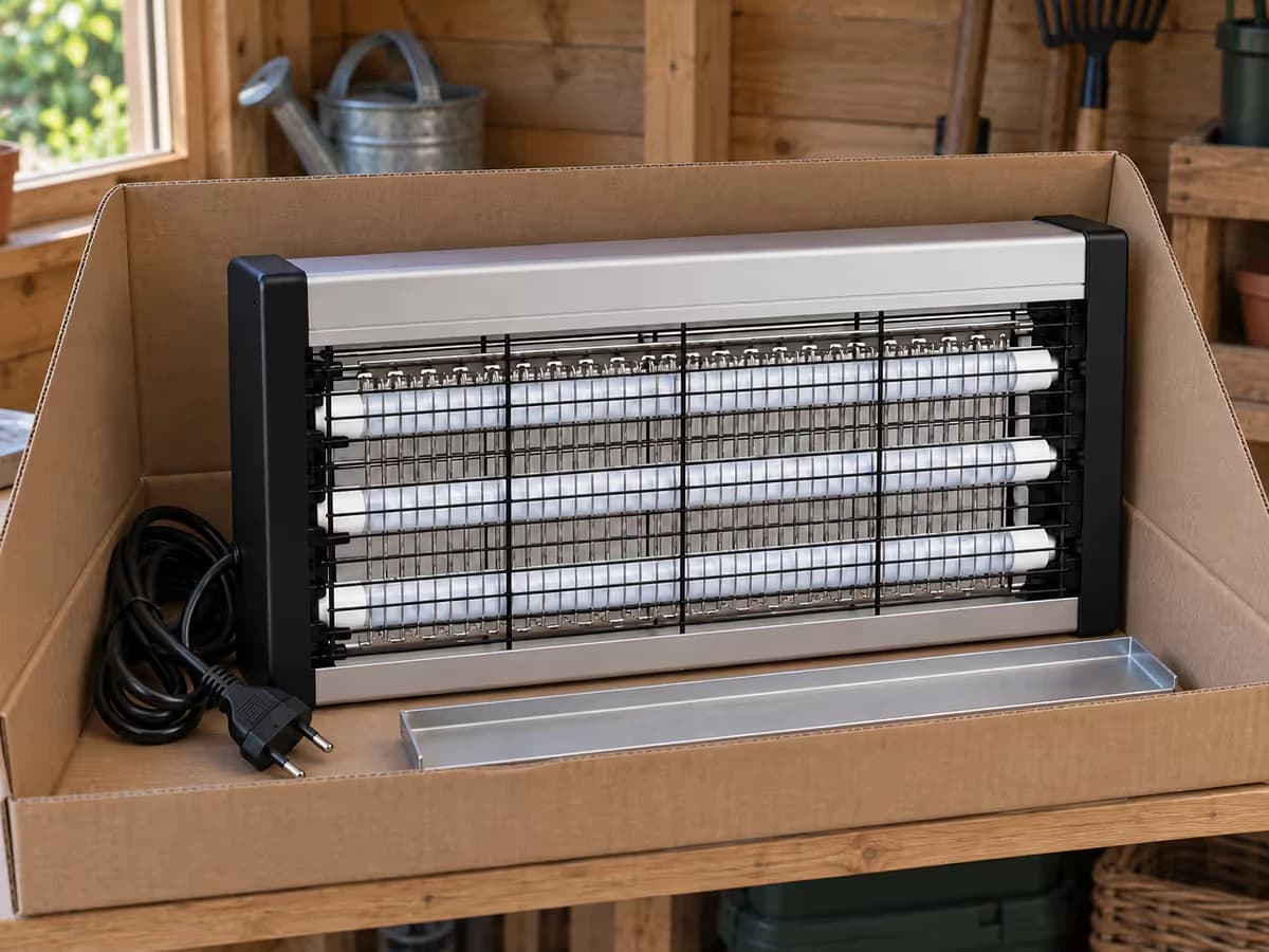 Lampe anti moustique nettoyée et débranchée posée dans un carton ouvert sur une étagère sèche, câble enroulé en boucles larges