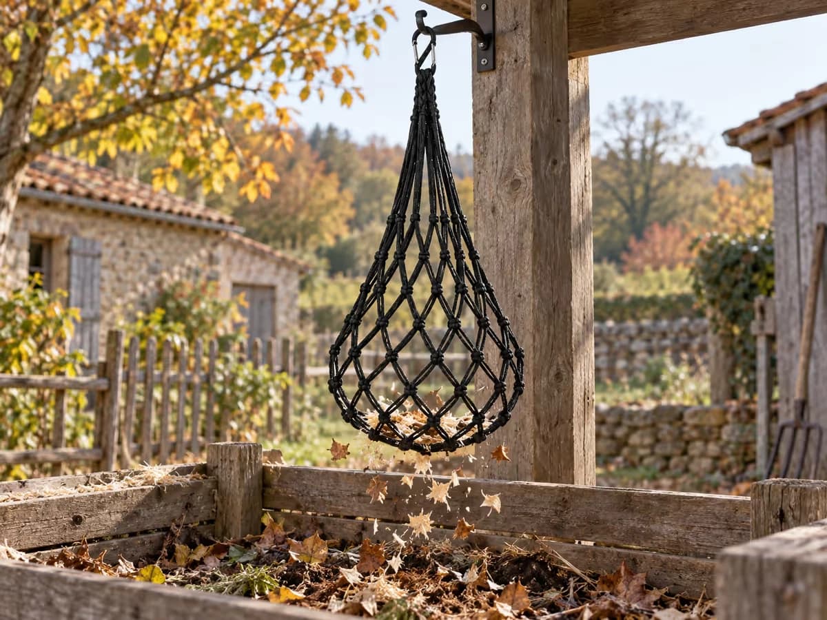 Filet noir à verdure suspendu au-dessus d'un bac à compost, feuilles mortes et copeaux qui tombent de la poche, cour de ferme en automne