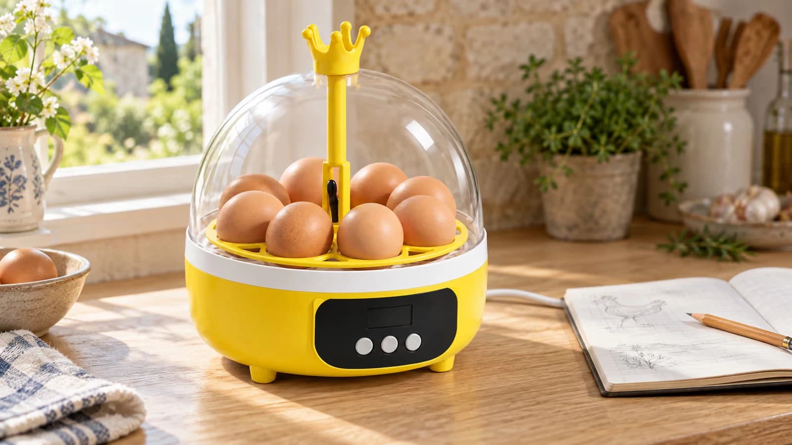 Couveuse compacte à dôme transparent sur un plan de travail, huit oeufs bruns dans les logements du plateau jaune, carnet ouvert et crayon posés à côté de l'appareil