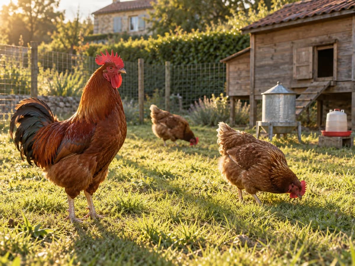 Coq roux debout dans un parc herbeux près de deux poules brunes, poulailler en bois et mangeoire en arrière-plan, lumière de fin d'après-midi