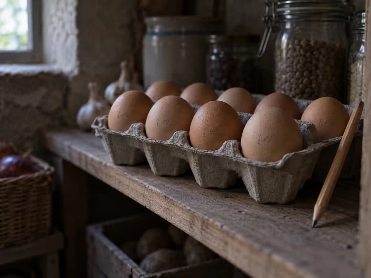 Oeufs bruns alignés pointe en bas dans une boîte alvéolée posée sur une étagère de cellier, dates inscrites au crayon sur les coquilles, crayon posé contre la boîte
