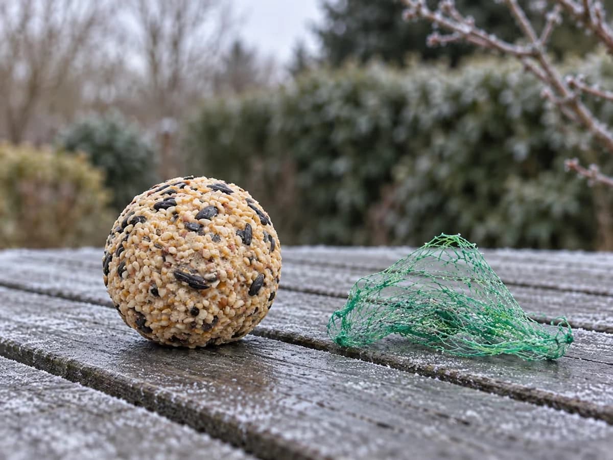 Boule de graisse nue posée sur une table de jardin, filet plastique vide replié à côté
