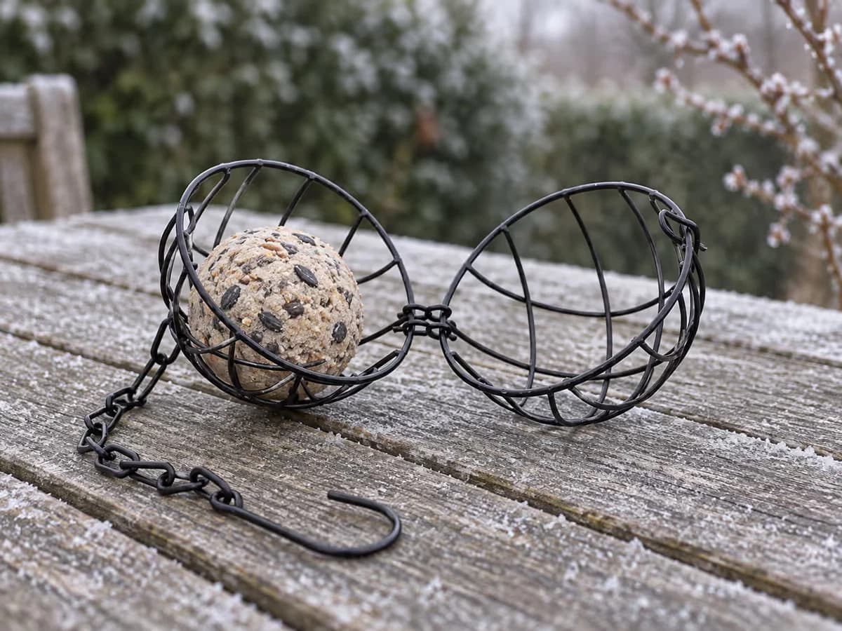 Sphère en fil métallique noir ouverte en deux sur une table de jardin, boule de graisse sans filet glissée dans une moitié