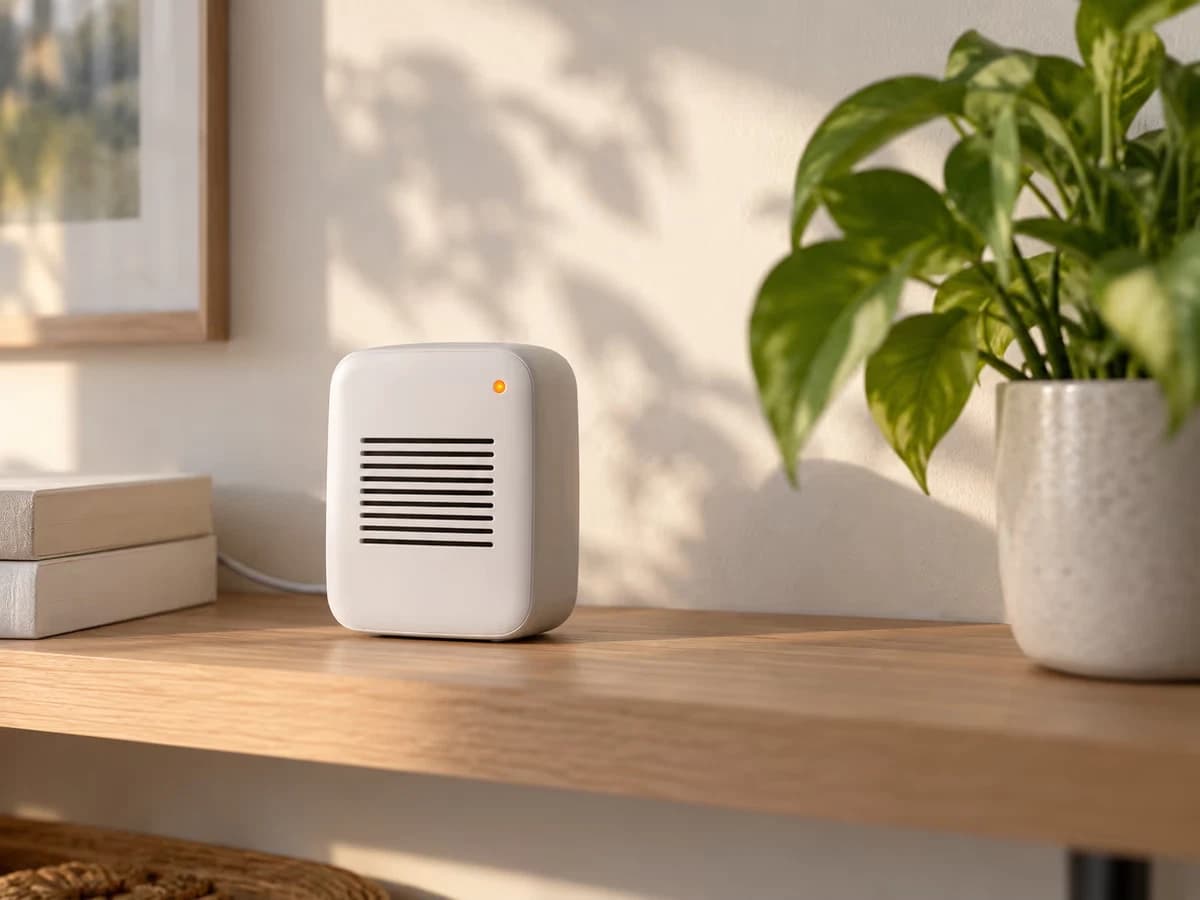Boîtier électronique anti-insectes posé sur une étagère de séjour près d'une plante verte en pot