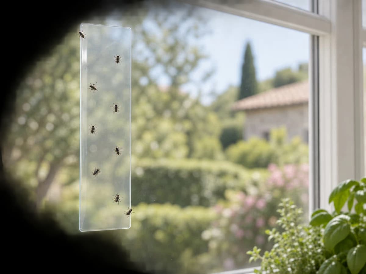 Bande collante transparente sur une vitre vue de près, plusieurs petits moucherons retenus par la colle