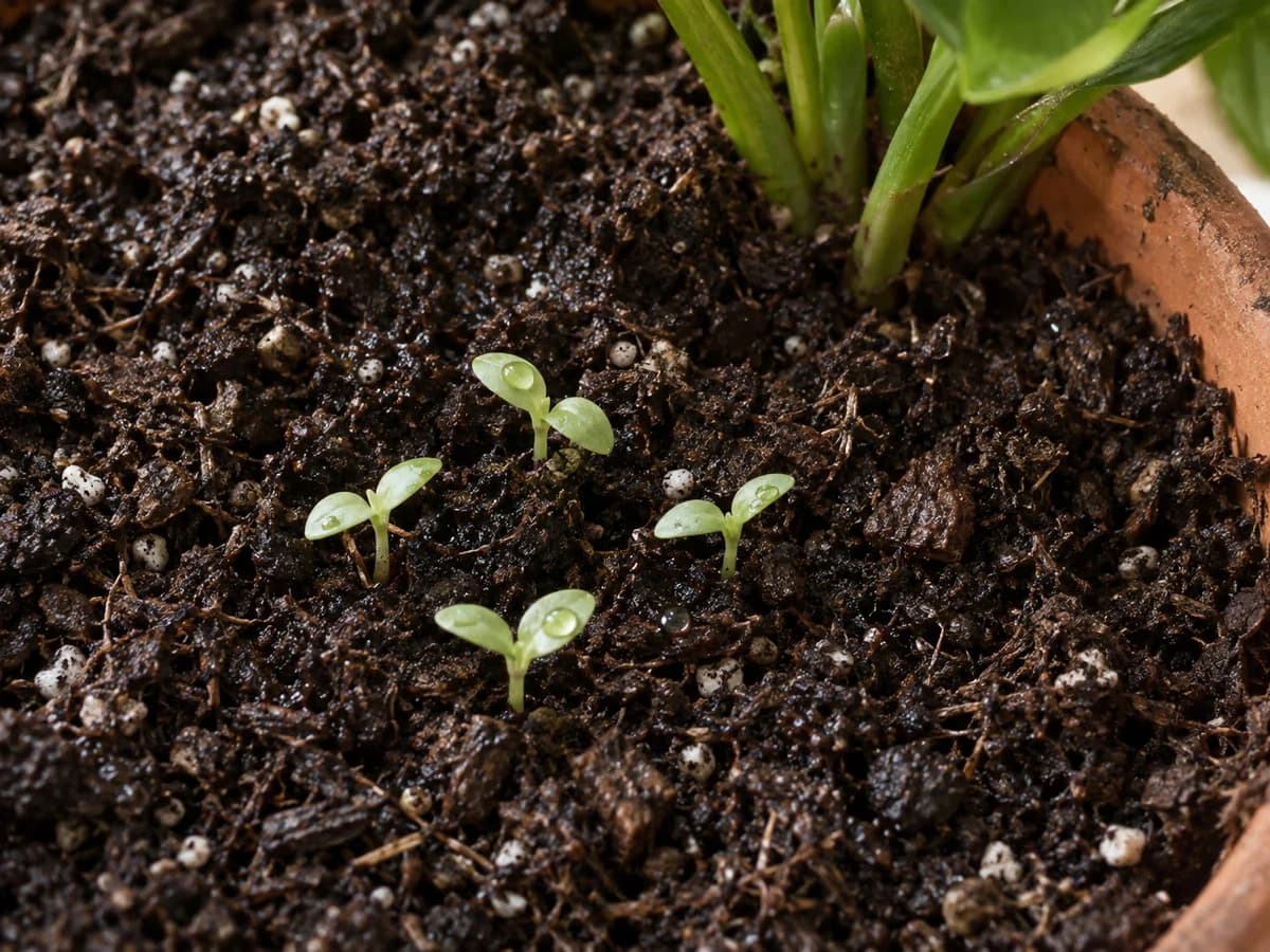 Surface d'un terreau humide dans un pot de plante verte, jeunes pousses et arrosage récent