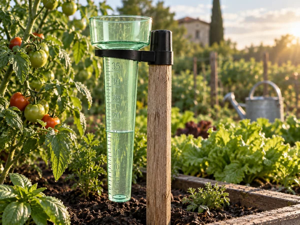 Pluviomètre de jardin planté sur son piquet au bord d'un carré de potager, eau accumulée dans le tube gradué, lumière du matin