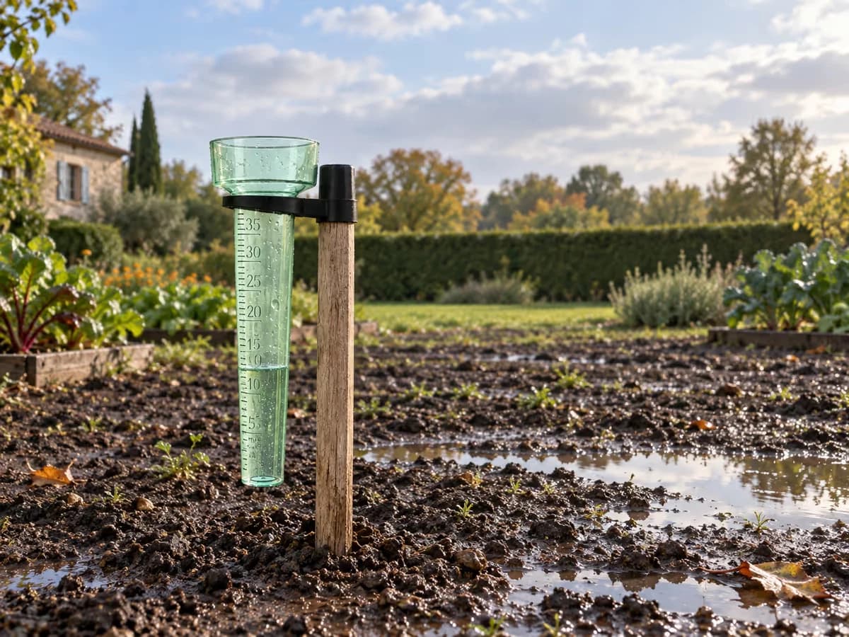 Pluviomètre sur piquet dans un coin dégagé du potager, haie taillée à distance à l'arrière-plan, terre mouillée après la pluie