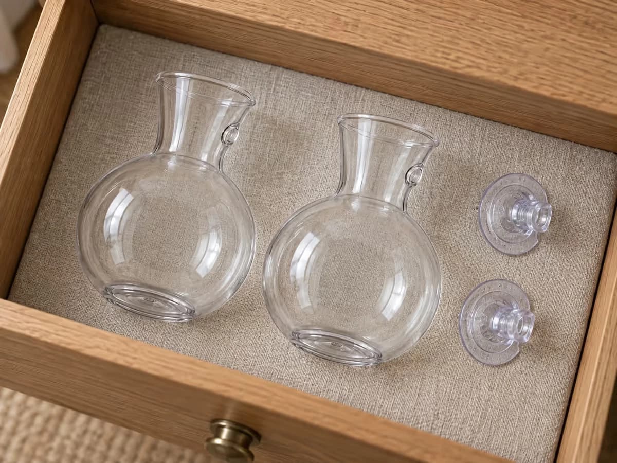 Deux vases muraux transparents vides et essuyés, rangés à plat dans un tiroir avec leurs crochets ventouse démontés