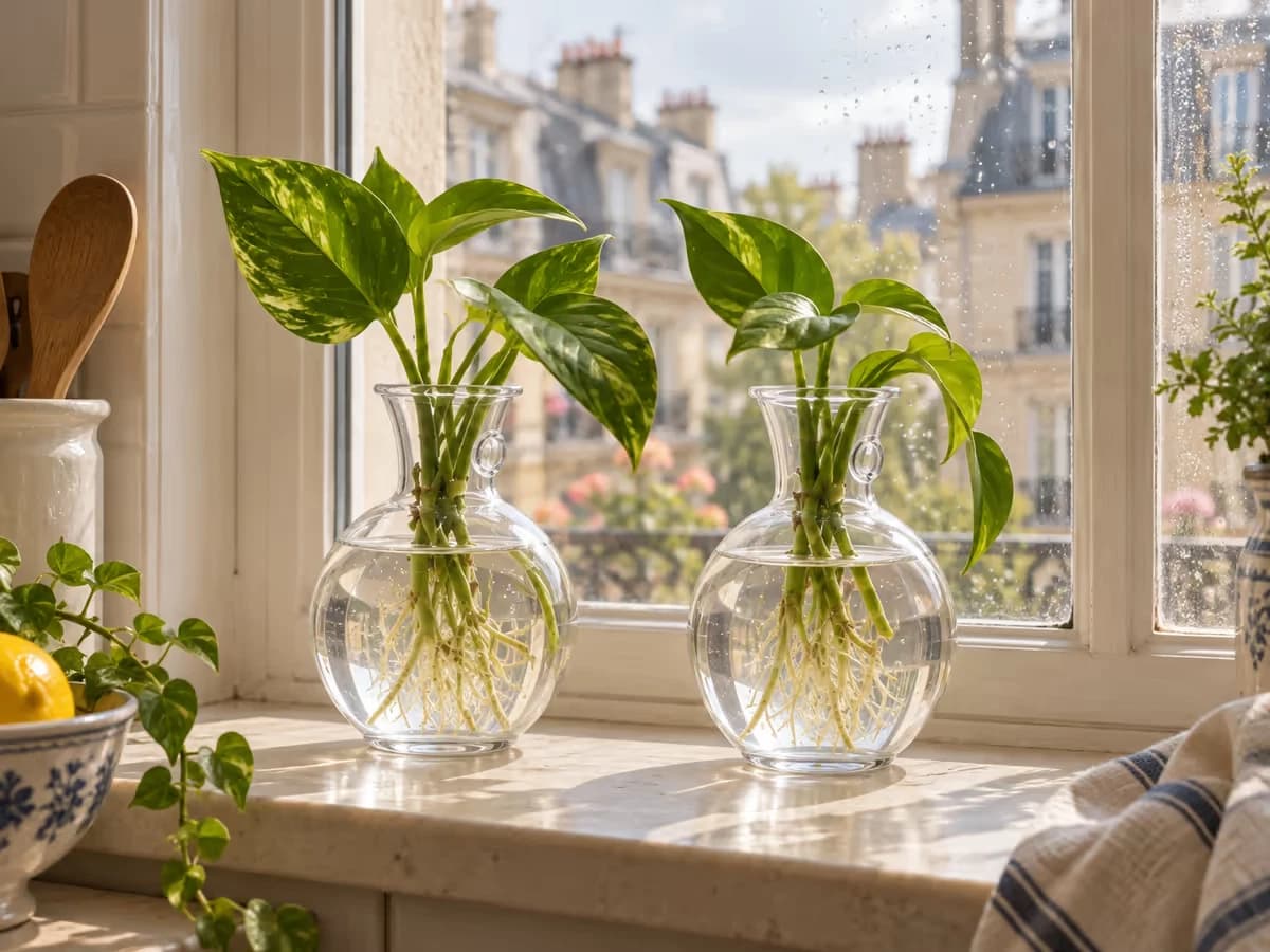 Deux vases muraux transparents posés sur un appui de fenêtre de cuisine, tiges de pothos enracinées dans l'eau claire, lumière douce d'intérieur
