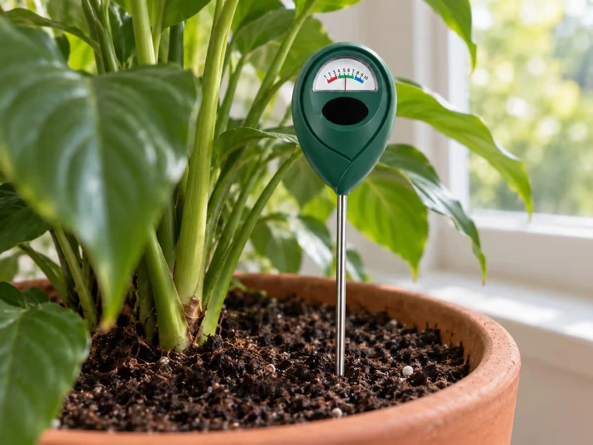 Tige métallique d'un humidimètre plantée dans le terreau d'un pot, à quelques centimètres du collet d'une plante verte, cadran resté dégagé au-dessus de la surface