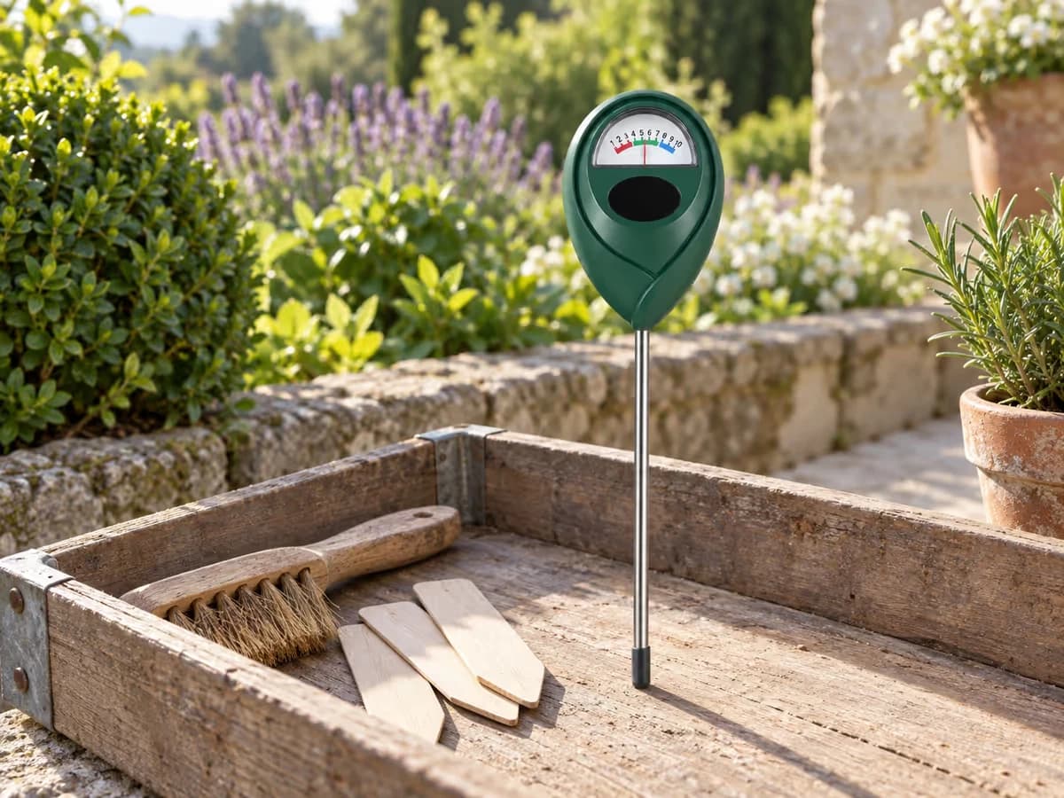 Humidimètre vert rangé debout dans un bac d'outils de jardin, pointes vers le bas, capuchon de protection clipsé sur la tige métallique, étiquettes de potager à côté