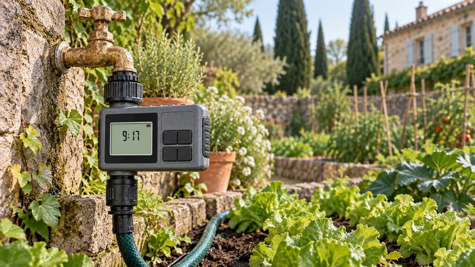 Programmateur d'arrosage vissé sur un robinet de jardin, écran LCD allumé, tuyau vert le long d'un potager au matin