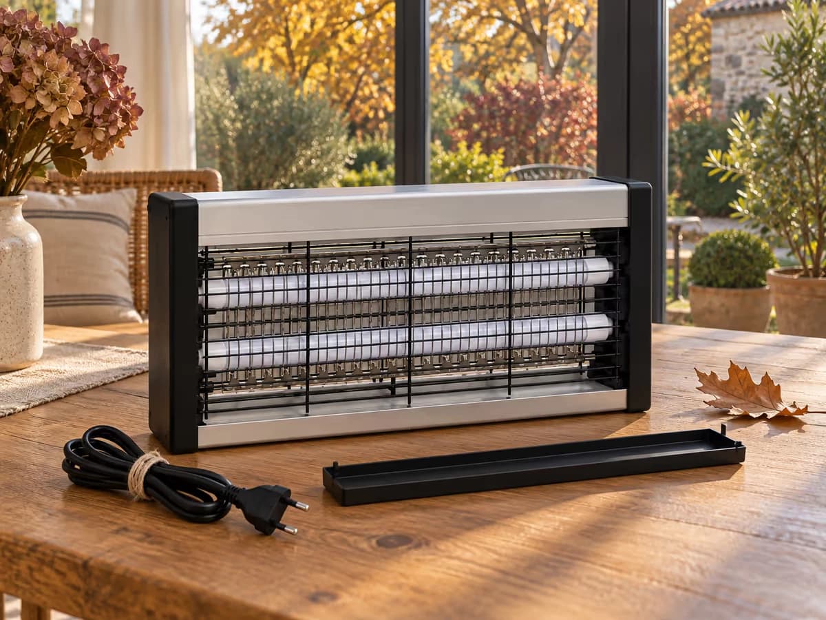 Lampe anti moustique débranchée sur une table, bac inférieur vidé à côté, câble enroulé, lumière d'après-midi d'octobre