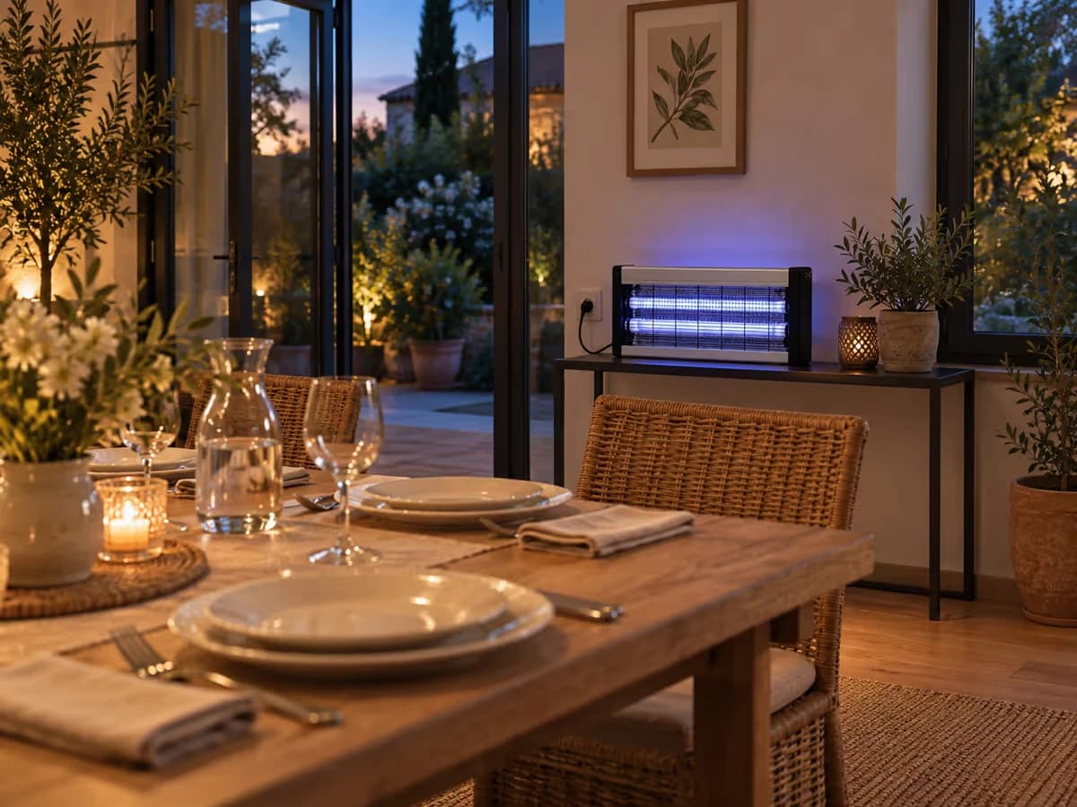 Table dressée pour le dîner dans une véranda, lampe anti moustique allumée en retrait près de l'entrée, halo bleuté discret
