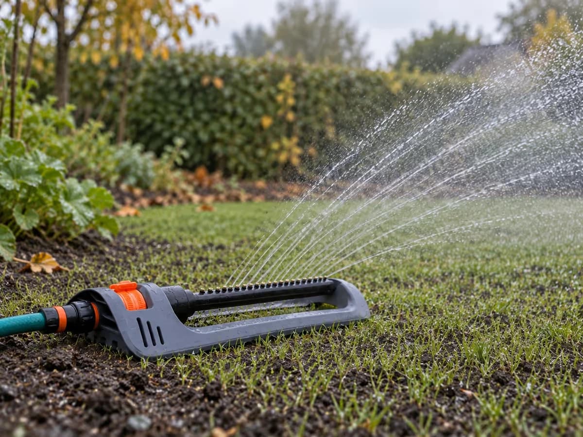 Brins d'une jeune pelouse en levée fin septembre arrosés d'une pluie fine, terre humide et sombre au premier plan