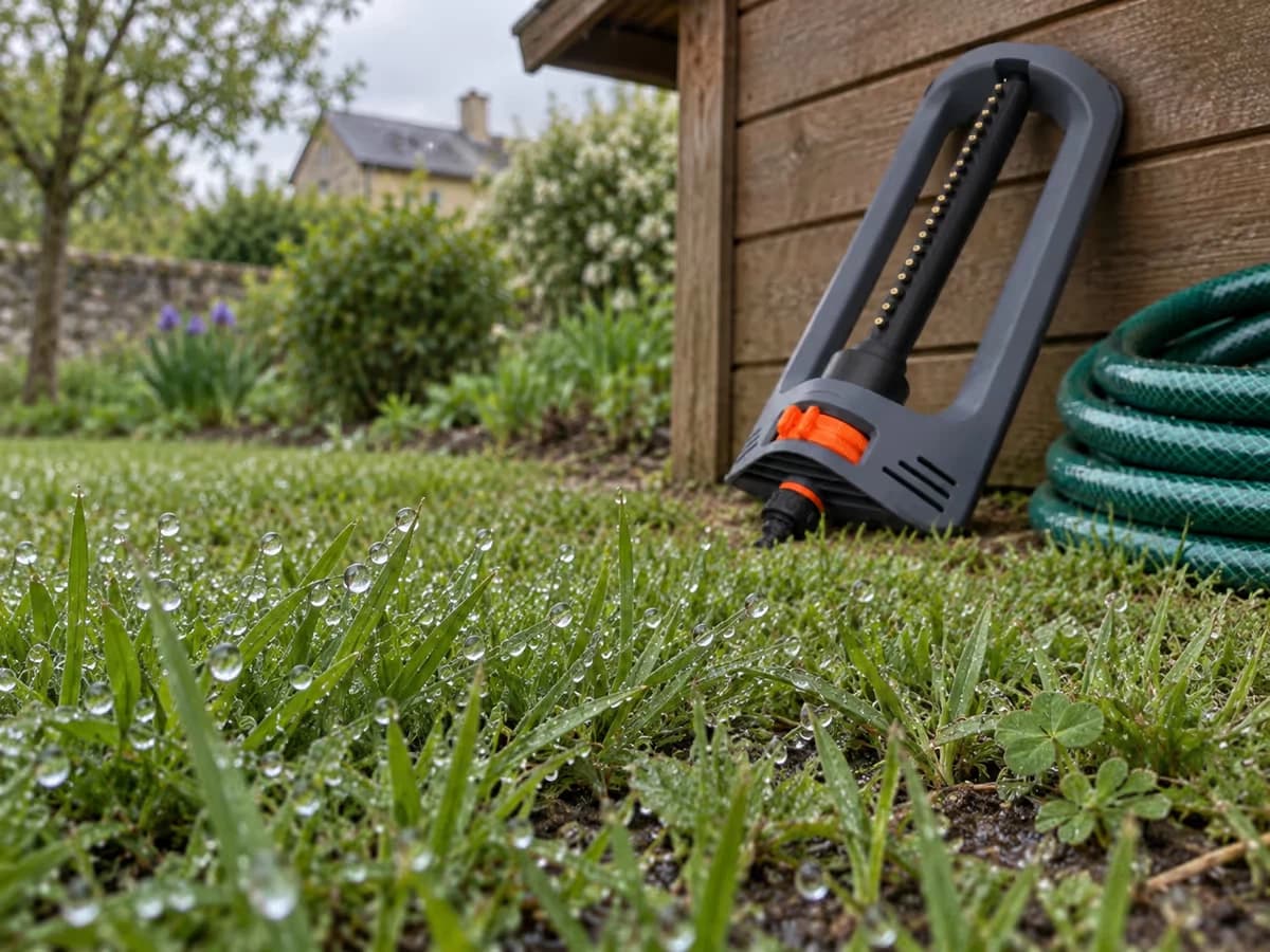 Gouttes de pluie sur les brins d'une pelouse au printemps, arroseur oscillant encore rangé contre le mur d'un abri de jardin