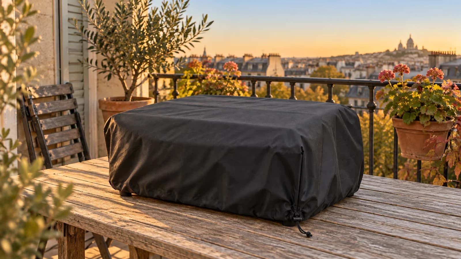 Appareil de cuisson de table en acier noir posé sur une table de balcon, housse noire à cordon serrée à la base, lumière de fin de soirée et ciel dégagé