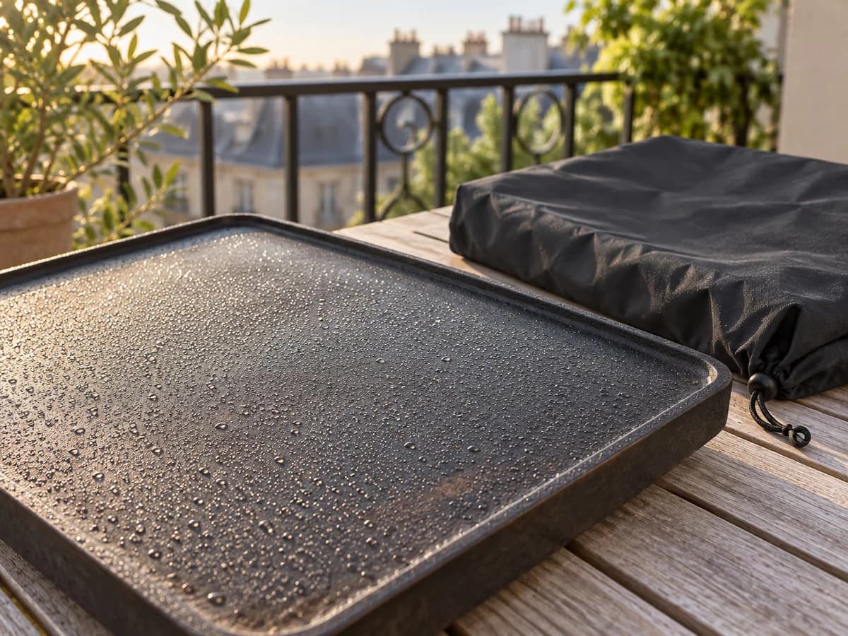 Plaque de cuisson noire couverte de fines gouttes de rosée au petit matin sur une table de balcon, housse pliée posée à côté