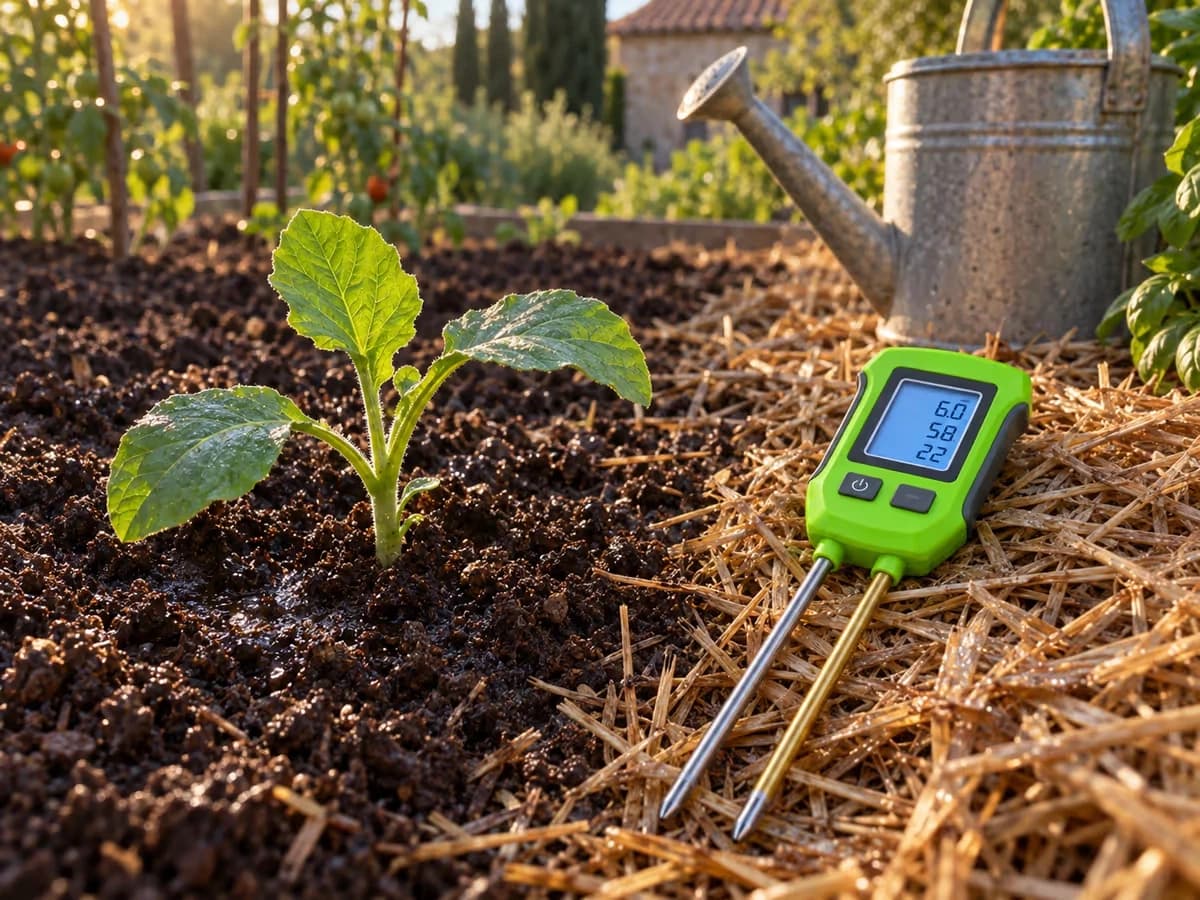 Terre sombre fraîchement arrosée en surface autour d'un jeune plant, testeur de sol posé à plat sur le paillage à côté, fin d'après-midi