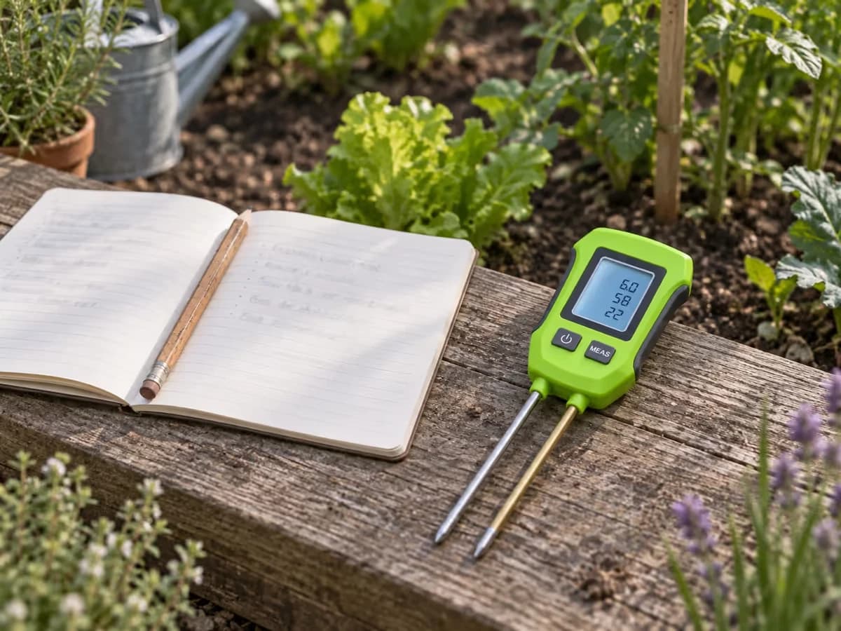 Carnet ouvert sur une planche de potager avec des relevés datés écrits à la main, testeur de sol posé à côté, lumière douce de fin de matinée