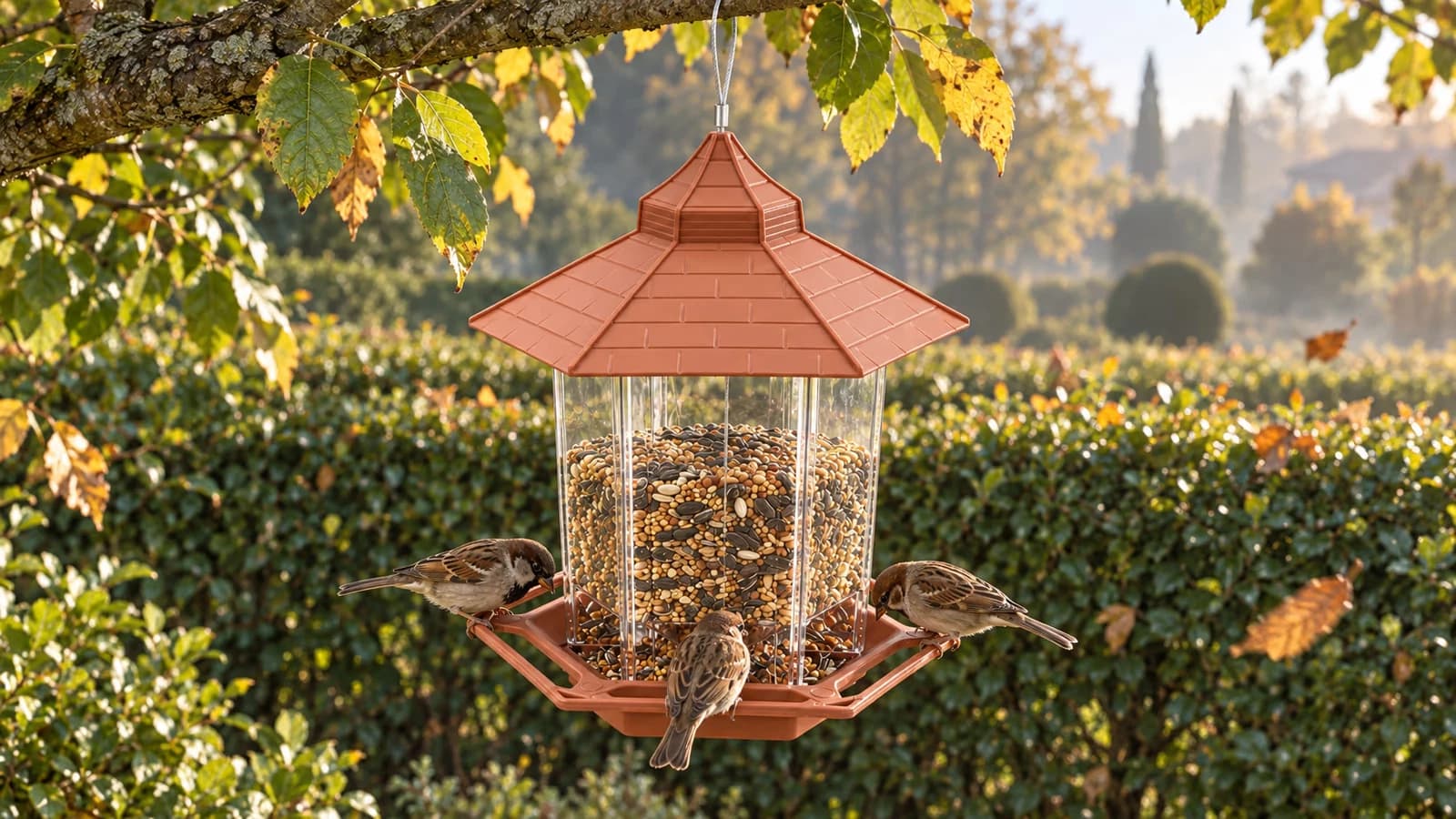 Mangeoire à silo hexagonal terracotta suspendue devant une haie de jardin en automne, graines de tournesol dans le plateau