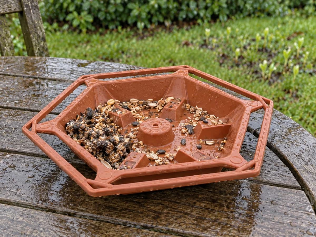 Plateau hexagonal terracotta posé sur une table de bois après la pluie, graines agglomérées dans un angle et jeunes pousses vertes au fond