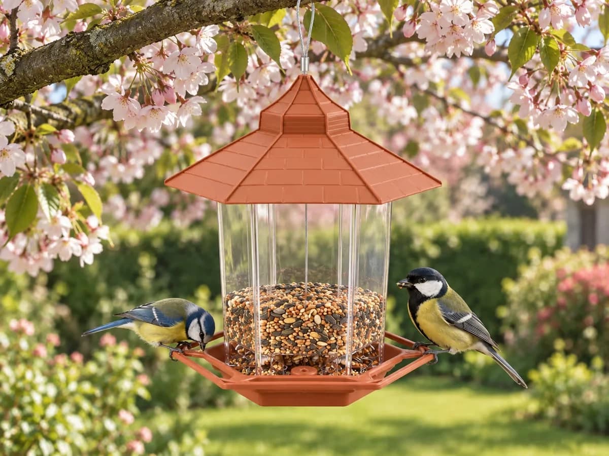 Mangeoire à silo hexagonal suspendue devant un cerisier en fleurs, oiseaux posés sur les tablettes d'angle du plateau