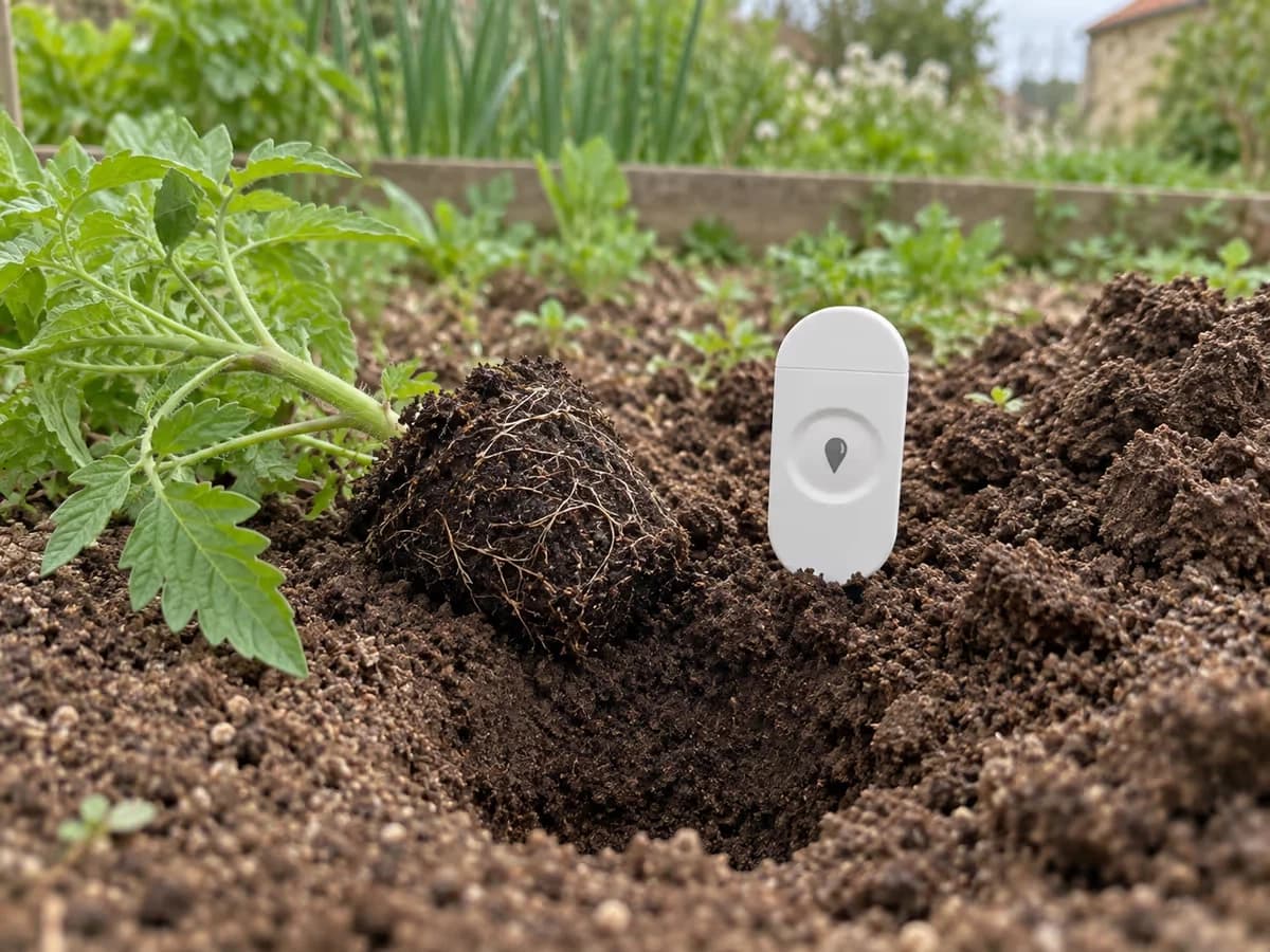 Jeune plant de tomate en motte posé à côté d'un trou de plantation dans une terre brune d'avril, capteur blanc à lame droit à côté