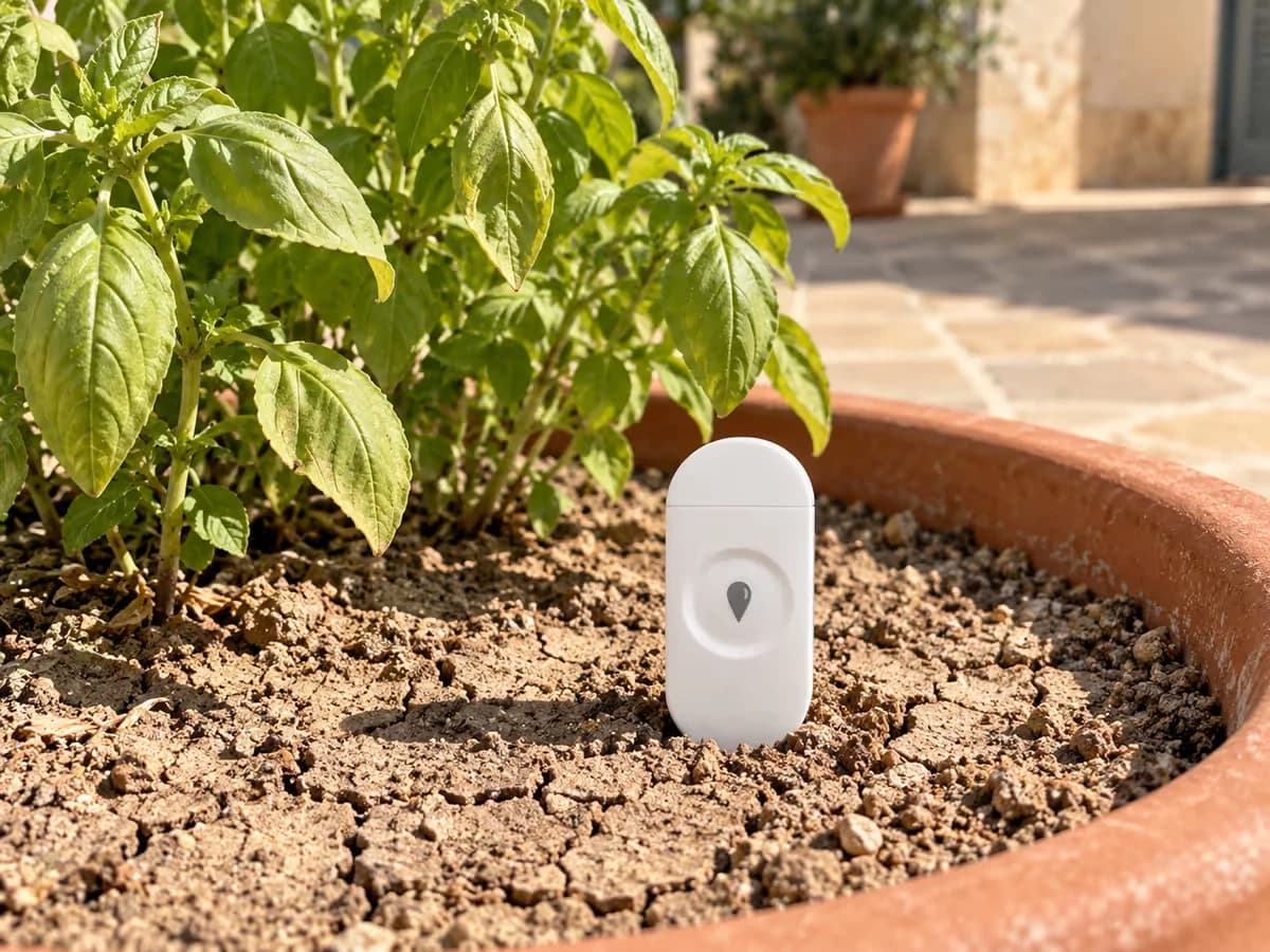 Capteur blanc planté dans un grand pot de terrasse en août, terre claire et craquelée en surface autour du boîtier, ombre nette de midi