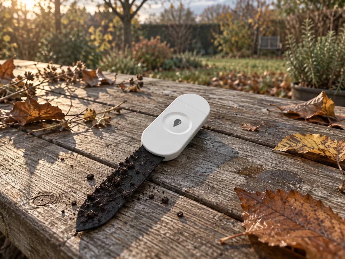 Capteur à lame posé sur une table de jardin en octobre, terre humide accrochée à la lame, feuilles mortes et lumière basse autour