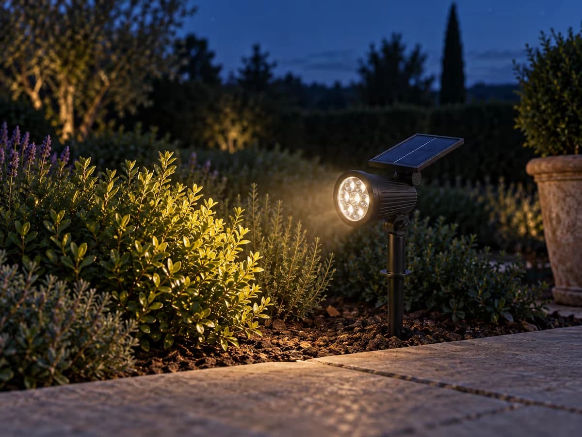 Faisceau d'un projecteur solaire réglé vers un arbuste à la nuit tombée, silhouette de massif dans le fond, terrasse au premier plan