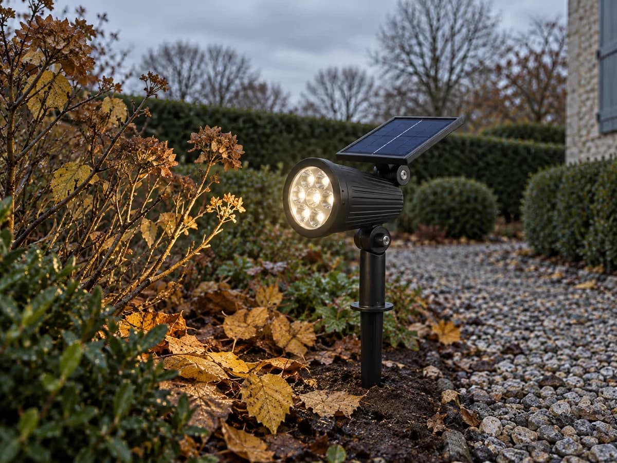 Ciel couvert au-dessus d'un jardin d'automne, projecteur solaire sur piquet déjà allumé en fin d'après-midi
